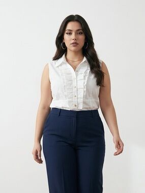 White Ruffle Front Blouse Women’s XL Sleeveless Button Placket Office Top